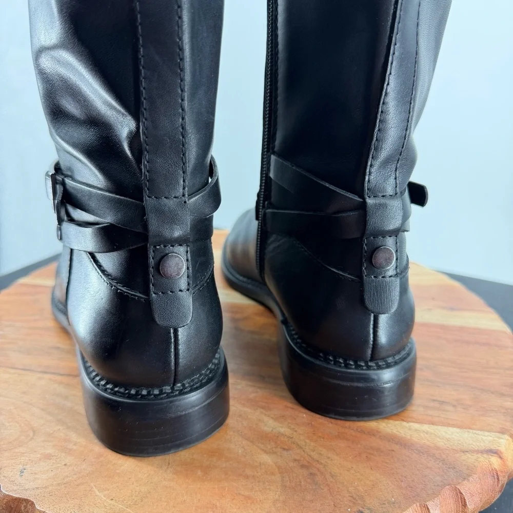 Franco Sarto Hadley Black Leather Tall Riding Boots Equestrian Flat Buckle 6‎